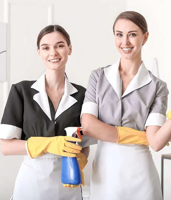 Expert cleaners providing luxurious housekeeping service in rubber gloves